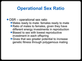 Operational Sex Ratio OSR – operational sex ratio Males ready to mate: females ready to mate Ratio of males to females, given they have different energy investments in reproduction Biased to sex with lowest reproductive investment in each offspring Gives that sex greater potential to increase genetic fitness through polygamous mating 