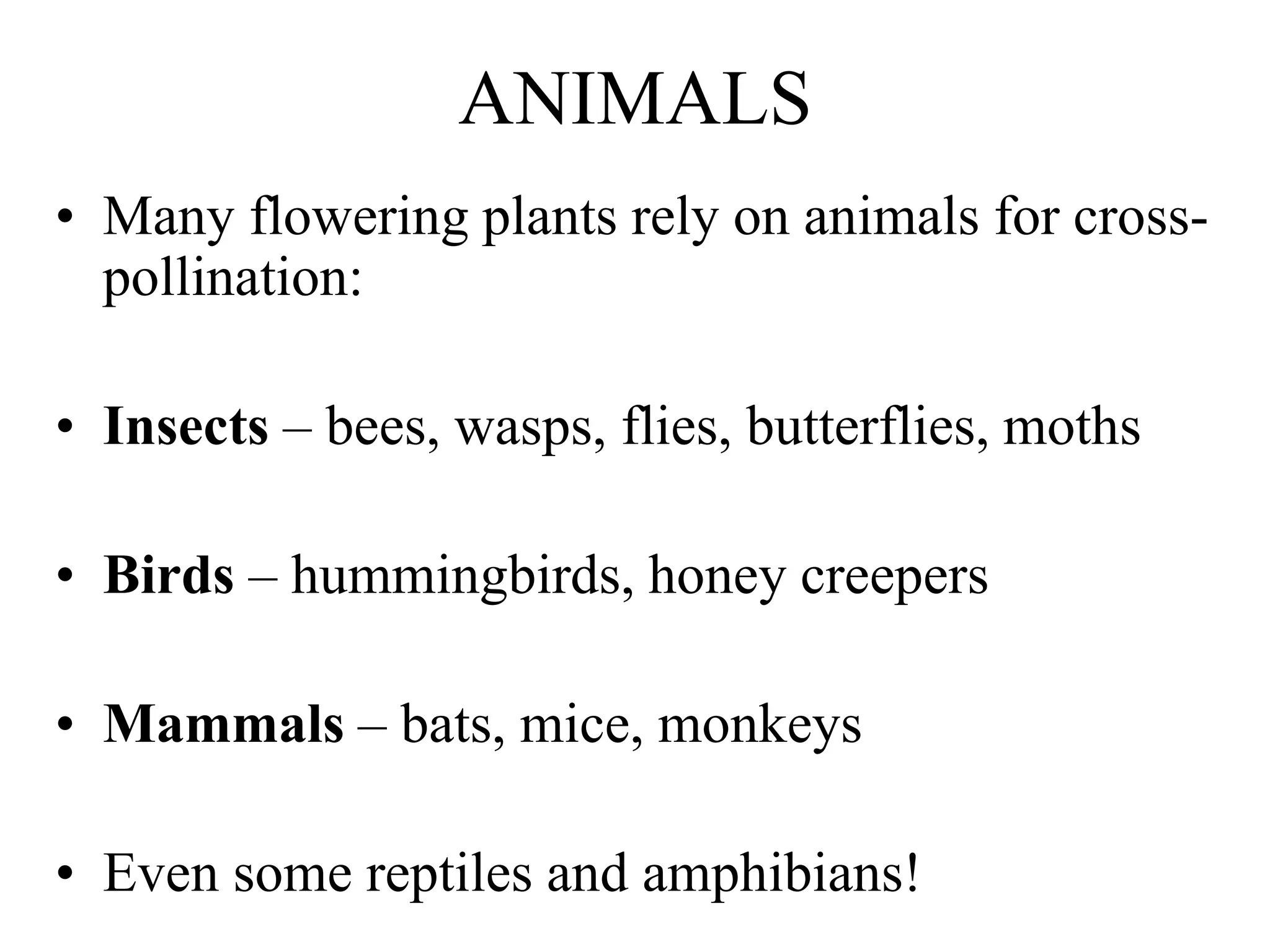 ANIMALS
• Many flowering plants rely on animals for cross-
pollination:
• Insects – bees, wasps, flies, butterflies, moths
• Birds – hummingbirds, honey creepers
• Mammals – bats, mice, monkeys
• Even some reptiles and amphibians!
 