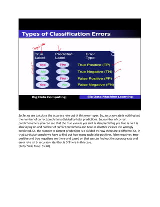 So, let us see calculate the accuracy rate out of this error types. So, accuracy rate is nothing but
the number of correct predictions divided by total predictions. So, number of correct
predictions here you can see that the true value is yes so it is also predicting yes true is no it is
also saying no and number of correct predictions and here in all other 2 cases it is wrongly
predicted. So, the number of correct predictions is 2 divided by how there are 4 different. So, in
that particular sample we have to find out how many such false positives, false negatives, true
positive and true negatives are there and based on that we can find out the accuracy rate and
error rate is (1- accuracy rate) that is 0.3 here in this case.
(Refer Slide Time: 55:48)
 
