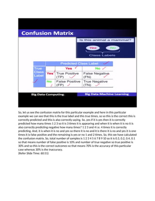 So, let us see the confusion matrix for this particular example and here in this particular
example we can see that this is the true label and this true times, so so this is the correct this is
correctly predicted and this is also correctly saying. So, yes if it is yes then it is correctly
predicted how many times 1 2 3 so it is 3 times it is appearing and when it is when it is no it is
also correctly predicting negative how many times? 1 2 3 and 4 i.e. 4 times it is correctly
predicting. And, it is when it is no and yes so there it is no and it is there it is no and yes it is one
times it is false positive and the remaining is yes or no 1 and 2 times. So, this we have calculated
the confusion matrix. So, total number of samples is 1 2 3 4 5 6 7 8 9 10 so it is 0.3, 0.2, 0.4, 0.1
so that means number of false positive is 10% and number of true negative so true positive is
30% and so this is the correct outcomes so that means 70% is the accuracy of this particular
case whereas 30% is the inaccuracy.
(Refer Slide Time: 60:51)
 