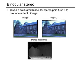 Binocular stereo
• Given a calibrated binocular stereo pair, fuse it to
produce a depth image
image 1 image 2
Dense depth map
 