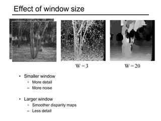 Effect of window size
• Smaller window
+ More detail
– More noise
• Larger window
+ Smoother disparity maps
– Less detail
W = 3 W = 20
 