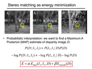 Stereo matching as energy minimization
I1
I2 D
W1(i) W2(i+D(i)) D(i)
• Probabilistic interpretation: we want to find a Maximum A
Posteriori (MAP) estimate of disparity image D:
P(D | I1, I2 )  P(I1, I2 | D)P(D)
 log P(D | I1, I2 )  log P(I1, I2 | D)  log P(D)
E   Edata (I1, I2, D)  Esmooth(D)
 