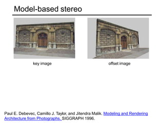 Model-based stereo
key image offset image
Paul E. Debevec, Camillo J. Taylor, and Jitendra Malik. Modeling and Rendering
Architecture from Photographs. SIGGRAPH 1996.
 
