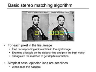 Basic stereo matching algorithm
• For each pixel in the first image
• Find corresponding epipolar line in the right image
• Examine all pixels on the epipolar line and pick the best match
• Triangulate the matches to get depth information
• Simplest case: epipolar lines are scanlines
• When does this happen?
 