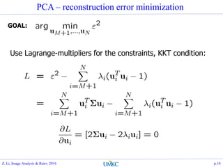 PCA – reconstruction error minimization
GOAL:
Use Lagrange-multipliers for the constraints, KKT condition:
Z. Li, Image Analysis & Retrv. 2016 p.10
 