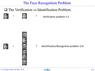 The Face Recognition Problem
 The Verification vs Identification Problem
= ?
= ?
Verification problem 1:1
Identification/Recognition problem 1:N
Z. Li, Image Analysis & Retrv. 2016 p.16
 