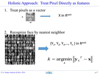 Holistic Approach: Treat Pixel Directly as features
1. Treat pixels as a vector
2. Recognize face by nearest neighbor
xy 
T
k
k
k argmin
h
w
X in Rwxh
{Y1, Y2, Y3,…, Yn } in Rwxh
Z. Li, Image Analysis & Retrv. 2016 p.17
 