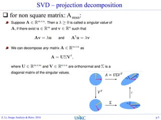 SVD – projection decomposition
 for non square matrix: Amxn:
𝐴 = 𝑈Σ𝑉 𝑇
𝑉 𝑇
Σ
Z. Li, Image Analysis & Retrv. 2016 p.3
 