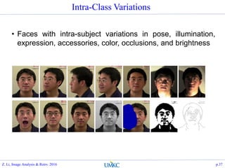 • Faces with intra-subject variations in pose, illumination,
expression, accessories, color, occlusions, and brightness
Intra-Class Variations
Z. Li, Image Analysis & Retrv. 2016 p.37
 