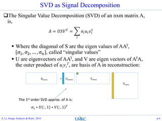 SVD as Signal Decomposition
The Singular Value Decomposition (SVD) of an nxm matrix A,
is,
 Where the diagonal of S are the eigen values of AAT,
[𝜎1, 𝜎2, … , 𝜎 𝑛], called “singular values”
 U are eigenvectors of AAT, and V are eigen vectors of ATA,
the outer product of uivi
T, are basis of A in reconstruction:
𝐴 = 𝑈𝑆𝑉 𝑇 =
𝑖
𝜎𝑖 𝑢𝑖 𝑣𝑖
𝑡
A(mxn) = U(mxm) S(mxn)
V(nxn)
The 1st order SVD approx. of A is:
𝜎1 ∗ 𝑈 : , 1 ∗ 𝑉 : , 1 𝑇
Z. Li, Image Analysis & Retrv. 2016 p.4
 