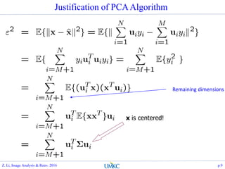 Justification of PCAAlgorithm
x is centered!
Remaining dimensions
Z. Li, Image Analysis & Retrv. 2016 p.9
 