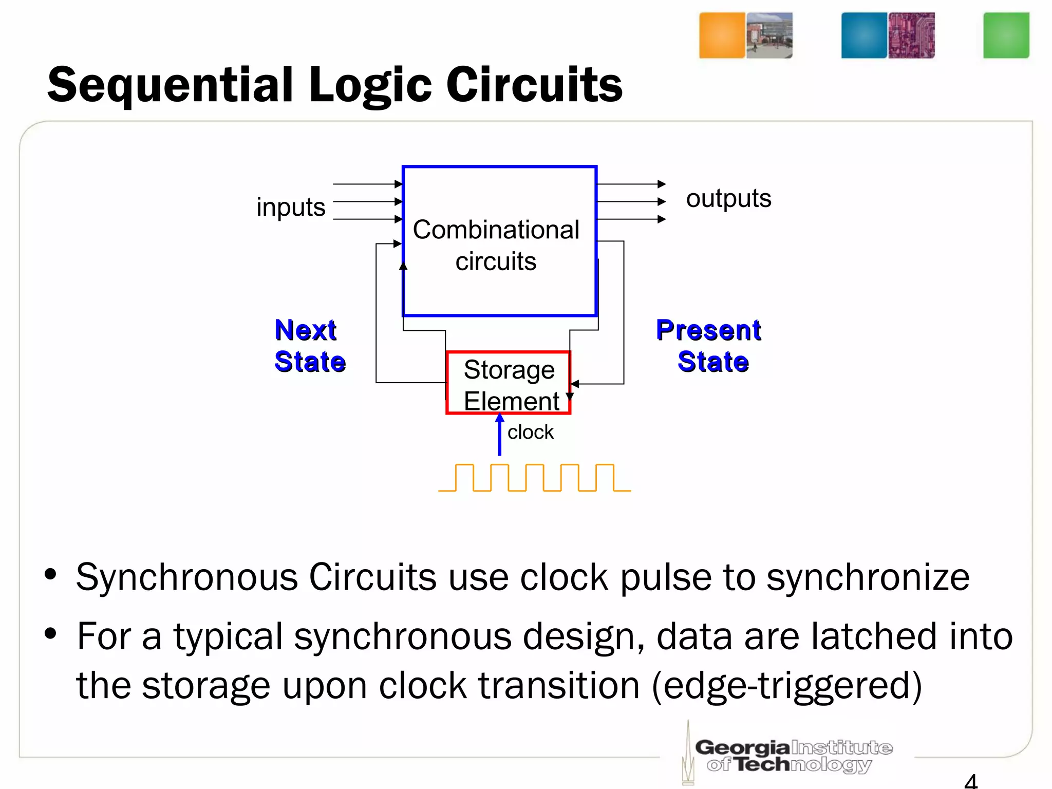 Sequential Logic Circuits
• Synchronous Circuits use clock pulse to synchronize
• For a typical synchronous design, data are latched into
the storage upon clock transition (edge-triggered)
Combinational
circuits
inputs outputs
Storage
Element
PresentPresent
StateState
NextNext
StateState
clock
 
