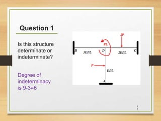 Question 1
Is this structure
determinate or
indeterminate?
Degree of
indeterminacy
is 9-3=6
1
1
 