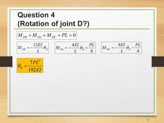 Question 4
(Rotation of joint D?)
14
0 PLMMM DCDADB
8
4 PL
L
EI
M DDA  DDB
L
EI
M 
12

4
8 PL
L
EI
M DDC  
2
7
192
D
PL
EI
 
 