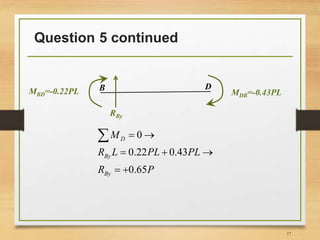 Question 5 continued
17
B
MDB=-0.43PLMBD=-0.22PL
D
0
0.22 0.43
0.65
D
By
By
M
R L PL PL
R P
 
  
 

RBy
 
