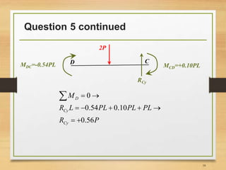 Question 5 continued
18
D
MCD=+0.10PLMDC=-0.54PL
C
0
0.54 0.10
0.56
D
Cy
Cy
M
R L PL PL PL
R P
 
    
 

RCy
2P
 