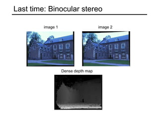 Last time: Binocular stereo
image 1 image 2
Dense depth map
 