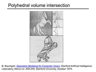 Polyhedral volume intersection
B. Baumgart, Geometric Modeling for Computer Vision, Stanford Artificial Intelligence
Laboratory, Memo no. AIM-249, Stanford University, October 1974.
 