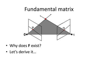 Fundamental matrix
• Why does F exist?
• Let’s derive it…
0
 