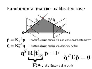 Fundamental matrix – calibrated case
0
: ray through p in camera 1’s (and world) coordinate system
: ray through q in camera 2’s coordinate system
{
the Essential matrix
 