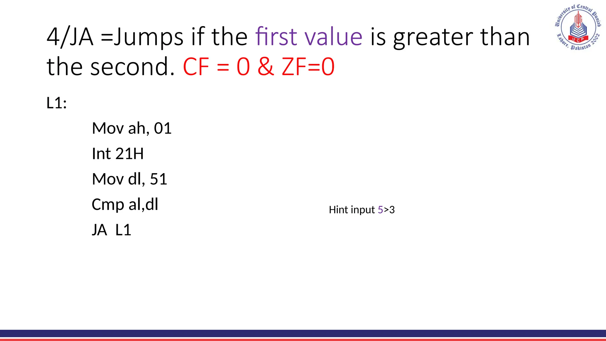 4/JA =Jumps if the first value is greater than
the second. CF = 0 & ZF=0
L1:
Mov ah, 01
Int 21H
Mov dl, 51
Cmp al,dl
JA L1
Hint input 5>3
 