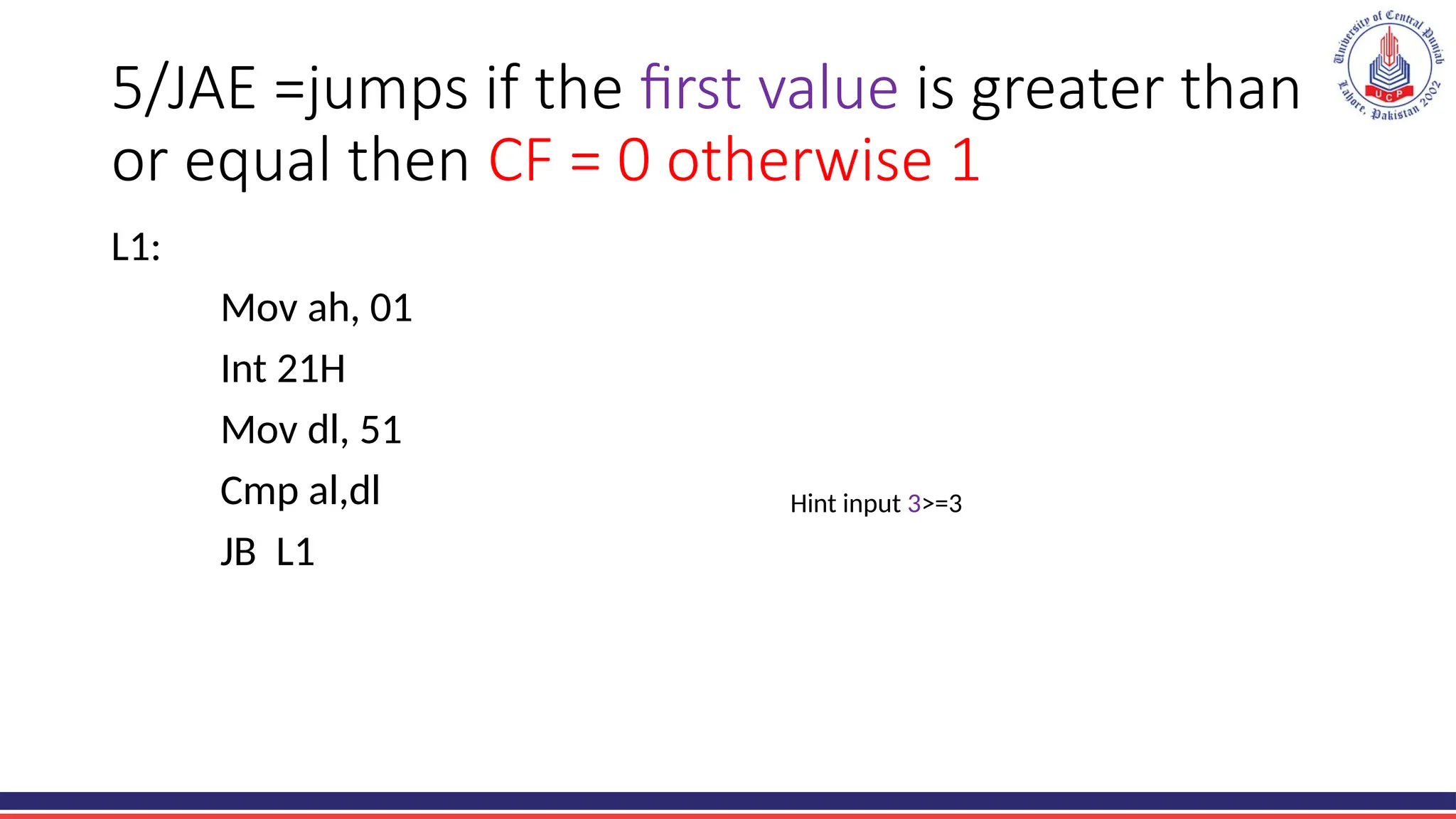 5/JAE =jumps if the first value is greater than
or equal then CF = 0 otherwise 1
L1:
Mov ah, 01
Int 21H
Mov dl, 51
Cmp al,dl
JB L1
Hint input 3>=3
 