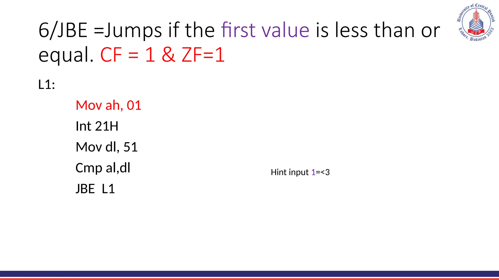 6/JBE =Jumps if the first value is less than or
equal. CF = 1 & ZF=1
L1:
Mov ah, 01
Int 21H
Mov dl, 51
Cmp al,dl
JBE L1
Hint input 1=<3
 