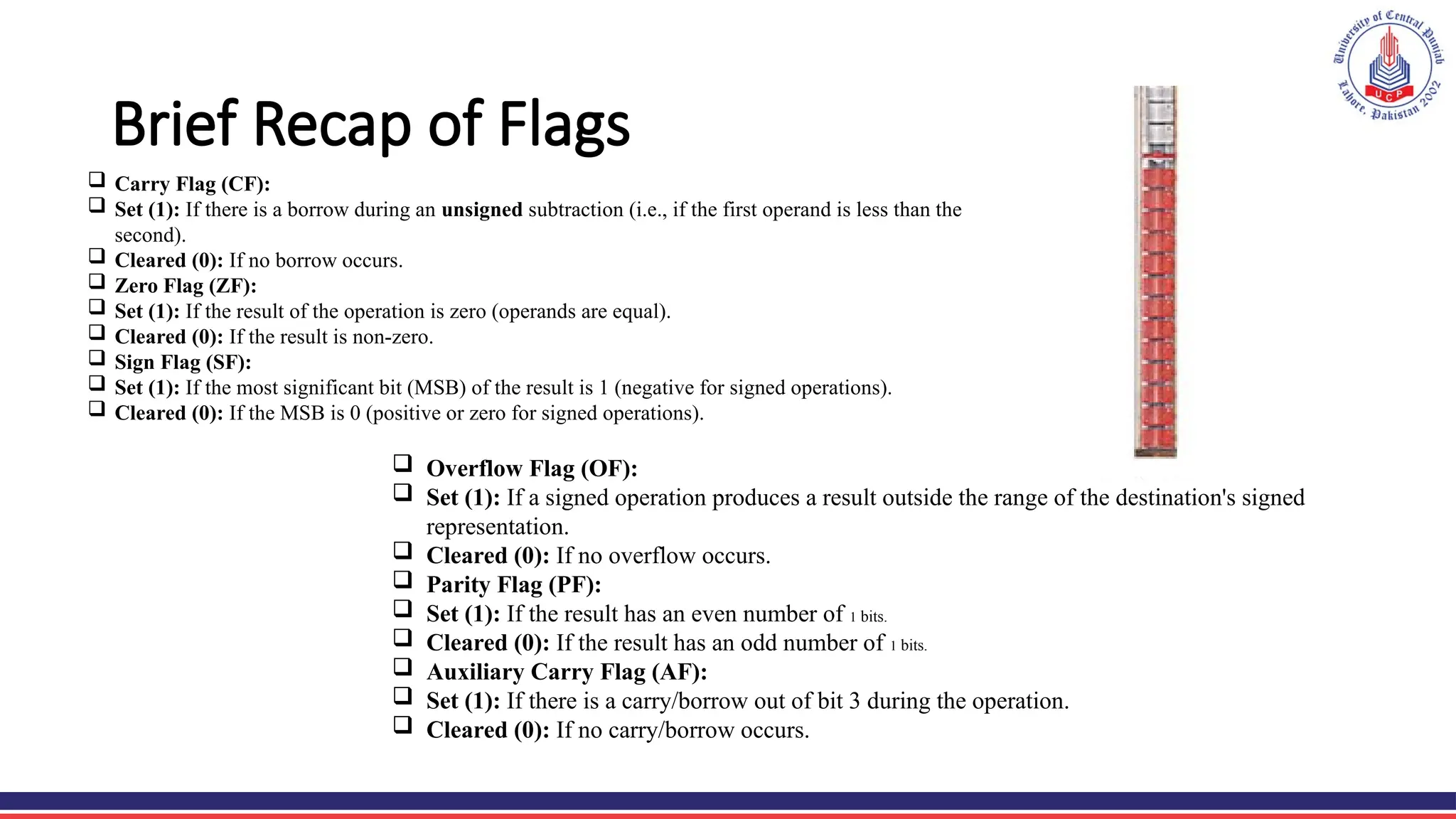 Brief Recap of Flags
 Carry Flag (CF):
 Set (1): If there is a borrow during an unsigned subtraction (i.e., if the first operand is less than the
second).
 Cleared (0): If no borrow occurs.
 Zero Flag (ZF):
 Set (1): If the result of the operation is zero (operands are equal).
 Cleared (0): If the result is non-zero.
 Sign Flag (SF):
 Set (1): If the most significant bit (MSB) of the result is 1 (negative for signed operations).
 Cleared (0): If the MSB is 0 (positive or zero for signed operations).
 Overflow Flag (OF):
 Set (1): If a signed operation produces a result outside the range of the destination's signed
representation.
 Cleared (0): If no overflow occurs.
 Parity Flag (PF):
 Set (1): If the result has an even number of 1 bits.
 Cleared (0): If the result has an odd number of 1 bits.
 Auxiliary Carry Flag (AF):
 Set (1): If there is a carry/borrow out of bit 3 during the operation.
 Cleared (0): If no carry/borrow occurs.
 