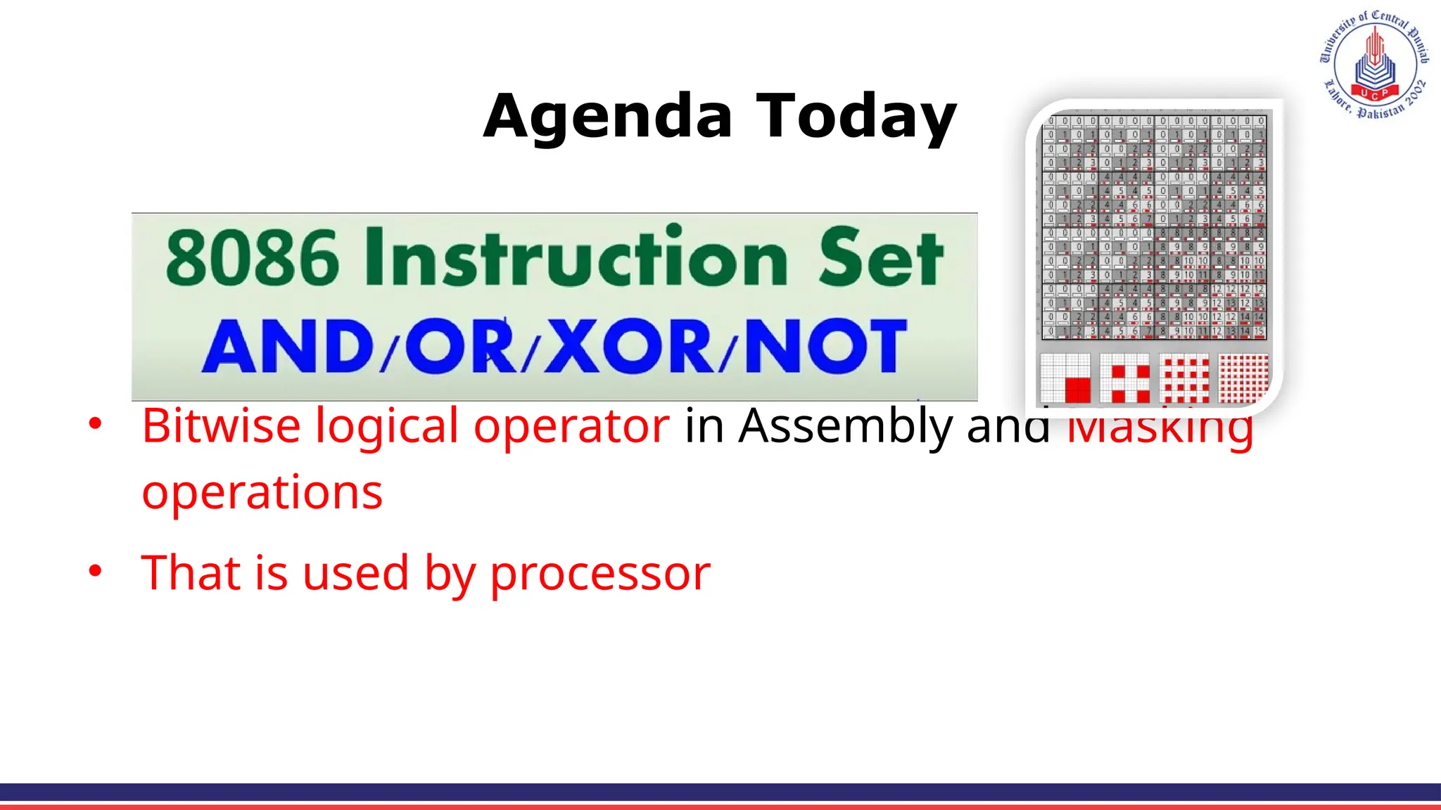 Agenda Today
• Bitwise logical operator in Assembly and Masking
operations
• That is used by processor
 