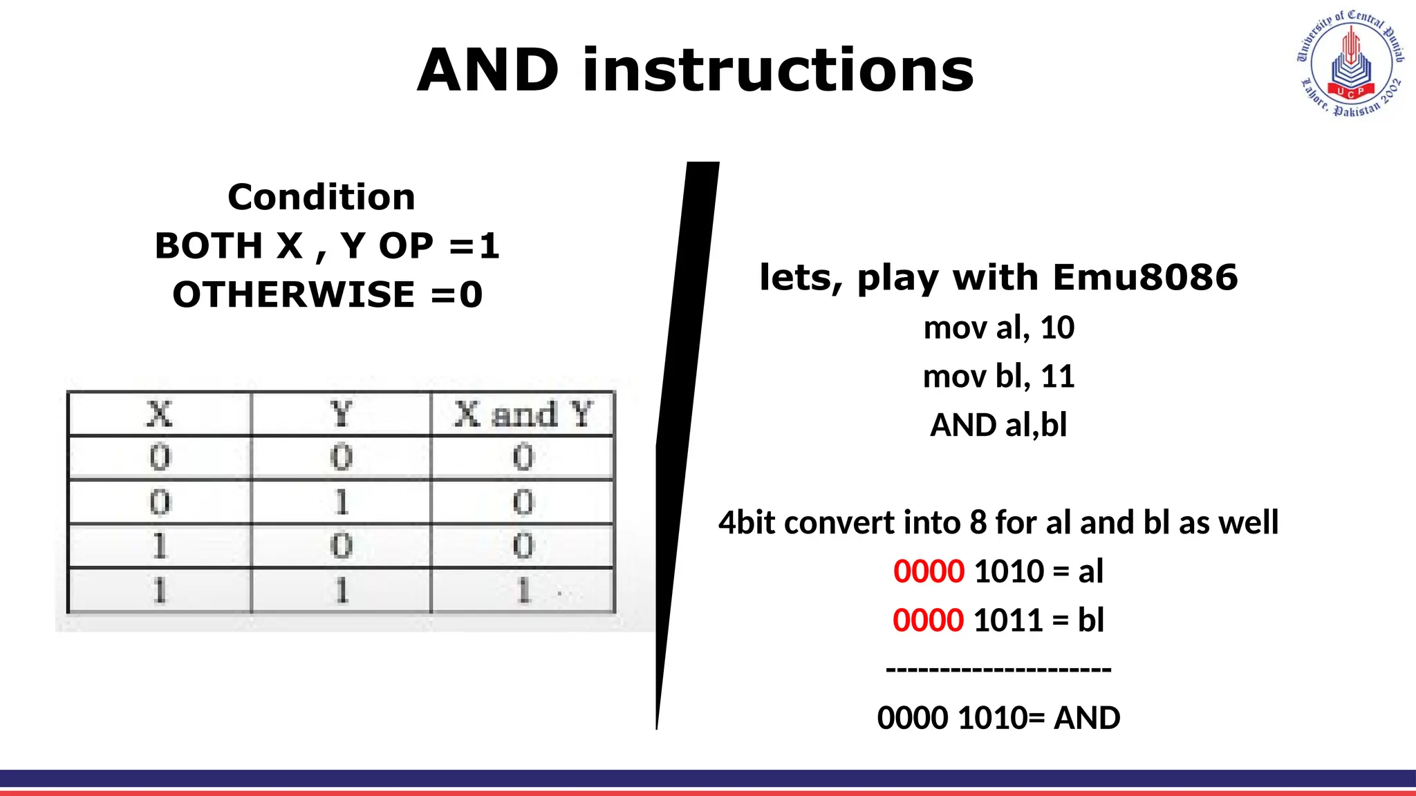 AND instructions
Condition
BOTH X , Y OP =1
OTHERWISE =0 lets, play with Emu8086
mov al, 10
mov bl, 11
AND al,bl
4bit convert into 8 for al and bl as well
0000 1010 = al
0000 1011 = bl
---------------------
0000 1010= AND
 