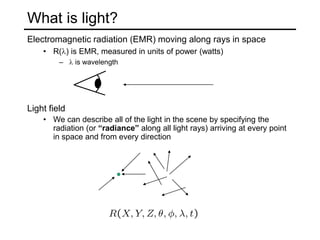 What is light?
Electromagnetic radiation (EMR) moving along rays in space
• R(l) is EMR, measured in units of power (watts)
– l is wavelength
Light field
• We can describe all of the light in the scene by specifying the
radiation (or “radiance” along all light rays) arriving at every point
in space and from every direction
 