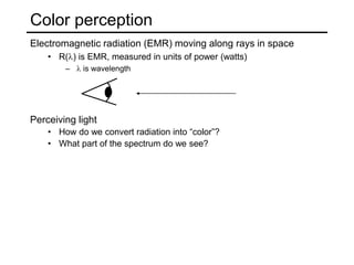 Color perception
Electromagnetic radiation (EMR) moving along rays in space
• R(l) is EMR, measured in units of power (watts)
– l is wavelength
Perceiving light
• How do we convert radiation into “color”?
• What part of the spectrum do we see?
 