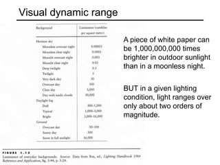 Visual dynamic range
A piece of white paper can
be 1,000,000,000 times
brighter in outdoor sunlight
than in a moonless night.
BUT in a given lighting
condition, light ranges over
only about two orders of
magnitude.
 