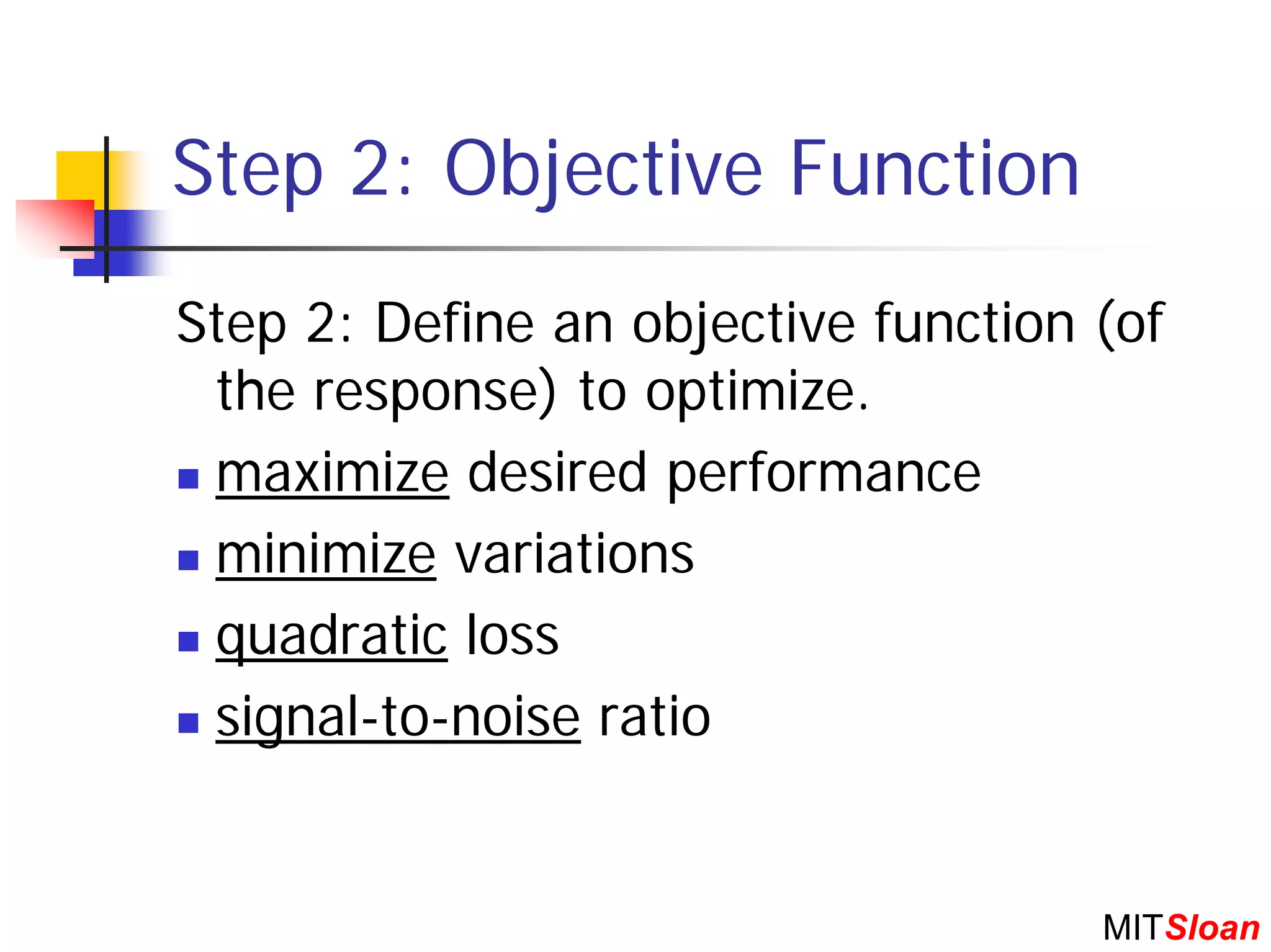 Step 2: Objective Function
Step 2: Define an objective function (of
 the response) to optimize.
 maximize desired performance
 minimize variations
 quadratic loss
 signal-to-noise ratio


                                     MITSloan
 