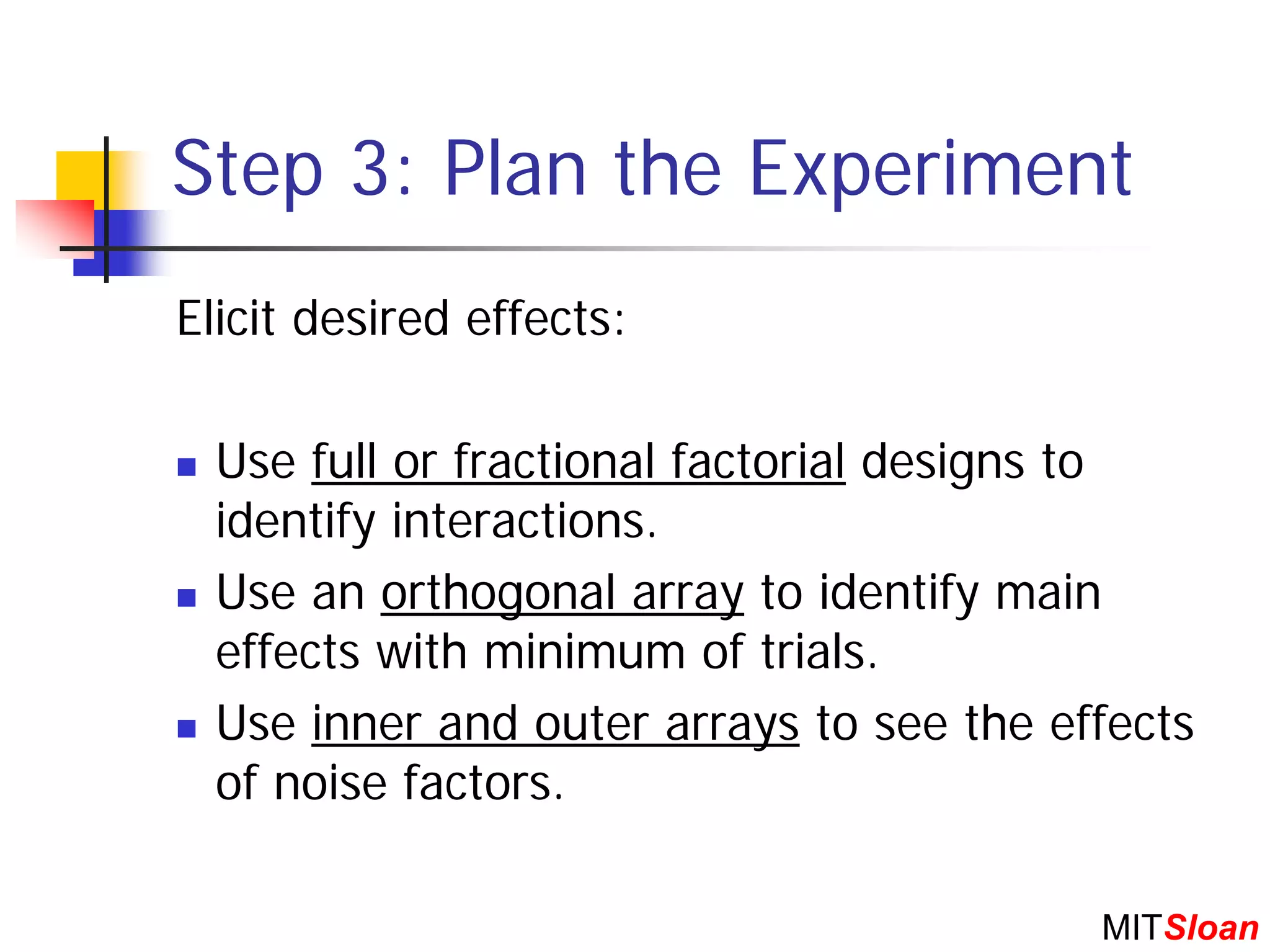 Step 3: Plan the Experiment
Elicit desired effects:

  Use full or fractional factorial designs to
  identify interactions.
  Use an orthogonal array to identify main
  effects with minimum of trials.
  Use inner and outer arrays to see the effects
  of noise factors.

                                          MITSloan
 