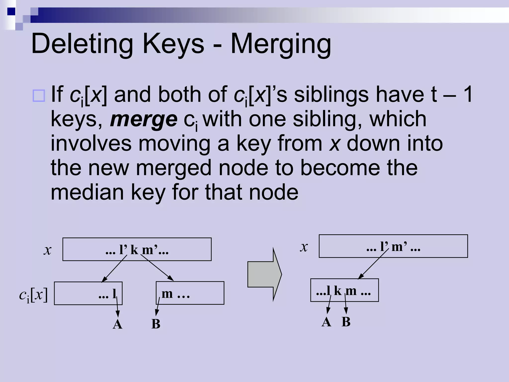 Deleting Keys - Merging
   If    ci[x] and both of ci[x]’s siblings have t – 1
        keys, merge ci with one sibling, which
        involves moving a key from x down into
        the new merged node to become the
        median key for that node

    x         ... l’ k m’...       x             ... l’ m’ ...


ci[x]        ... l          m…         ...l k m ...

                A       B               A B
 
