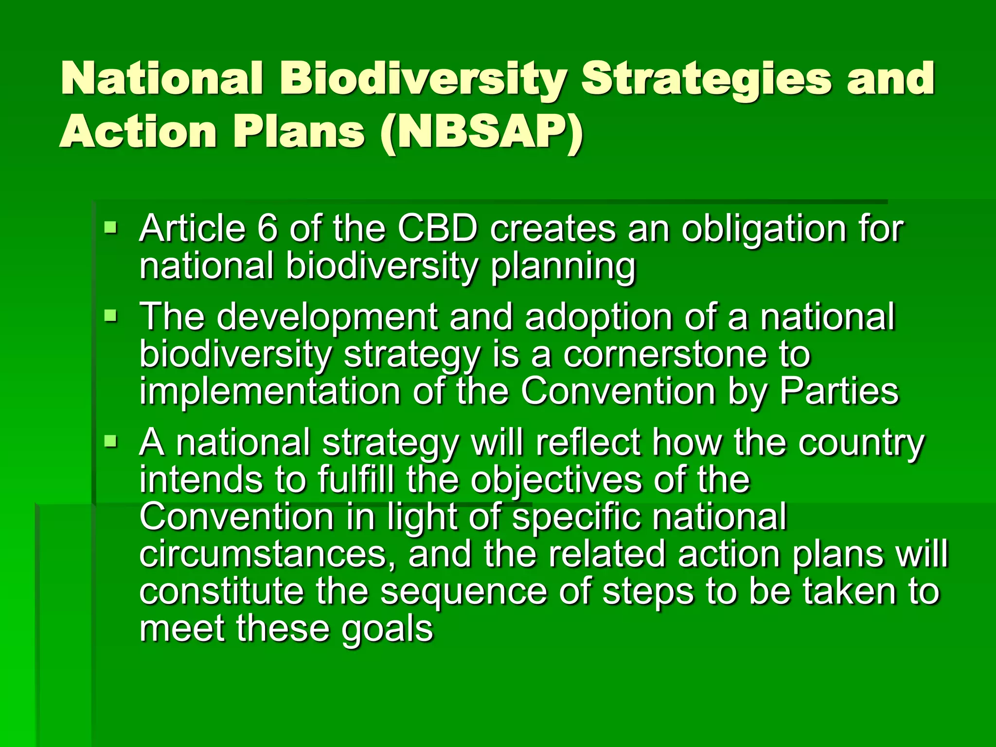 National Biodiversity Strategies and
Action Plans (NBSAP)
 Article 6 of the CBD creates an obligation for
national biodiversity planning
 The development and adoption of a national
biodiversity strategy is a cornerstone to
implementation of the Convention by Parties
 A national strategy will reflect how the country
intends to fulfill the objectives of the
Convention in light of specific national
circumstances, and the related action plans will
constitute the sequence of steps to be taken to
meet these goals
 