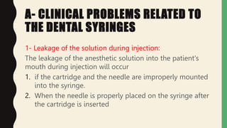 A- CLINICAL PROBLEMS RELATED TO
THE DENTAL SYRINGES
1- Leakage of the solution during injection:
The leakage of the anesthetic solution into the patient's
mouth during injection will occur
1. if the cartridge and the needle are improperly mounted
into the syringe.
2. When the needle is properly placed on the syringe after
the cartridge is inserted
 