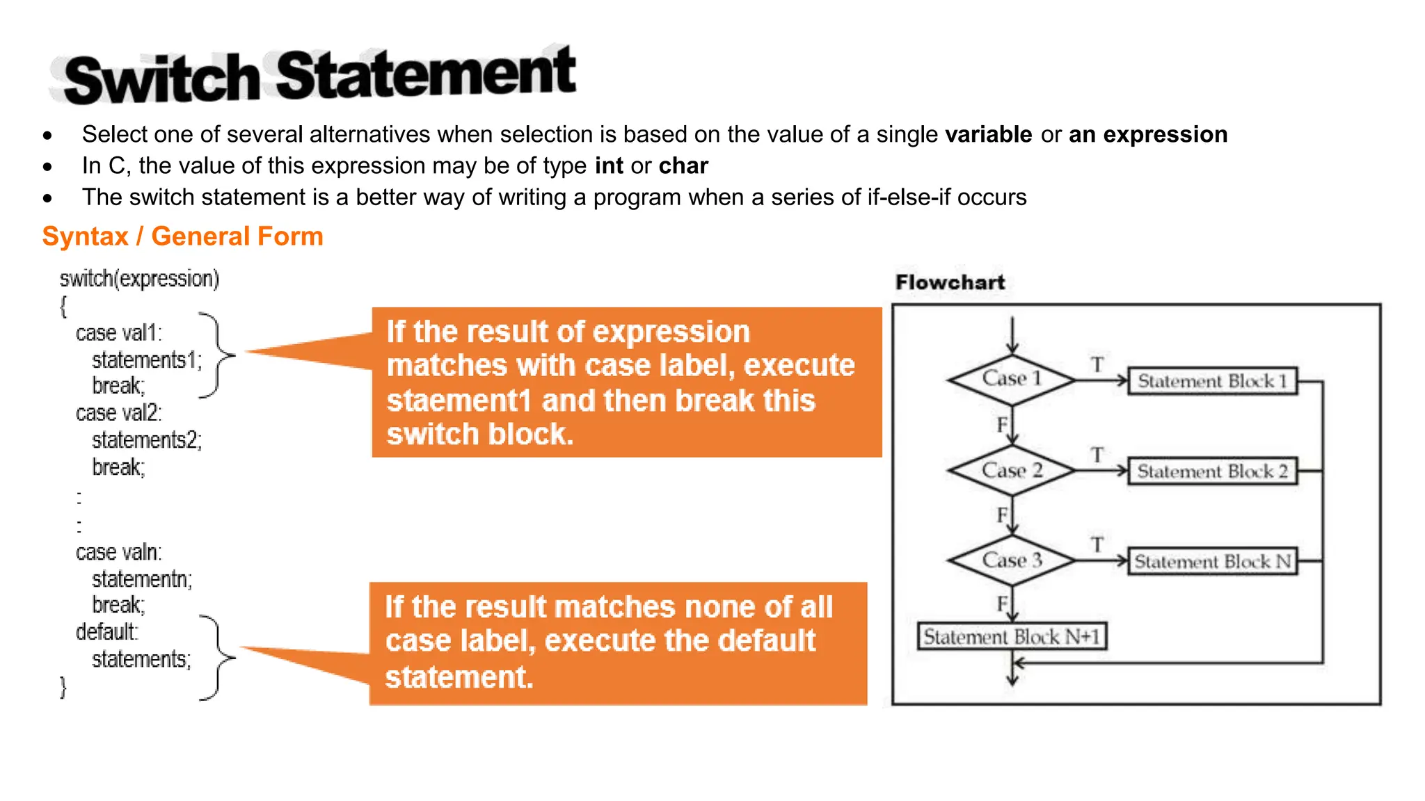  Select one of several alternatives when selection is based on the value of a single variable or an expression
 In C, the value of this expression may be of type int or char
 The switch statement is a better way of writing a program when a series of if-else-if occurs
Syntax / General Form
Copyright @ IT Series
 