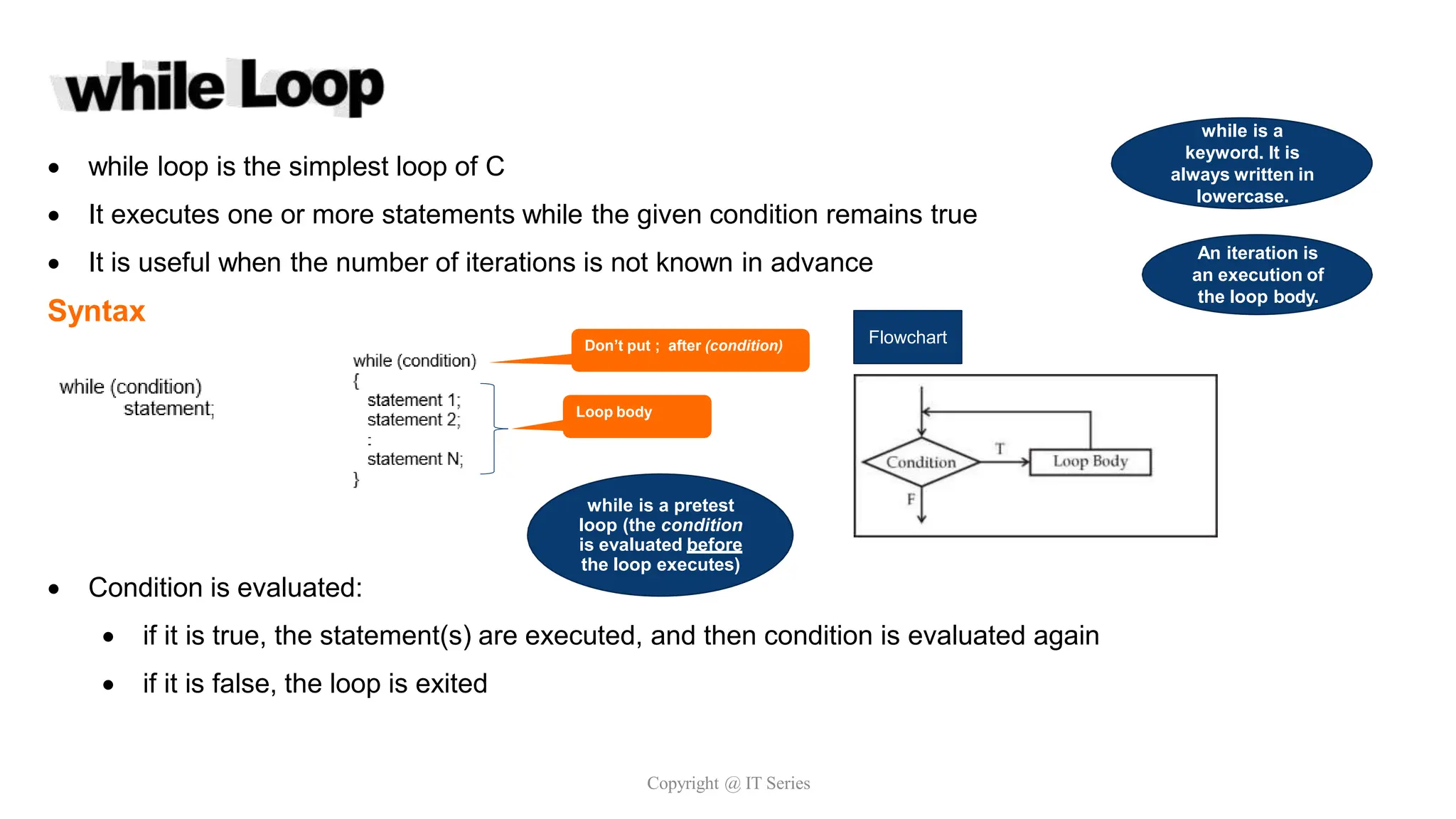  while loop is the simplest loop of C
 It executes one or more statements while the given condition remains true
 It is useful when the number of iterations is not known in advance
Syntax
 Condition is evaluated:
 if it is true, the statement(s) are executed, and then condition is evaluated again
 if it is false, the loop is exited
An iteration is
an execution of
the loop body.
while is a
keyword. It is
always written in
lowercase.
Loop body
Don’t put ; after (condition)
while is a pretest
loop (the condition
is evaluated before
the loop executes)
Copyright @ IT Series
Flowchart
 