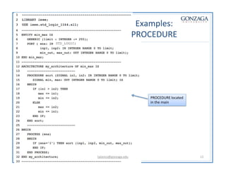 STD_LOGIC;
Examples:
PROCEDURE
PROCEDURE located
in the main
talarico@gonzaga.edu 11
 