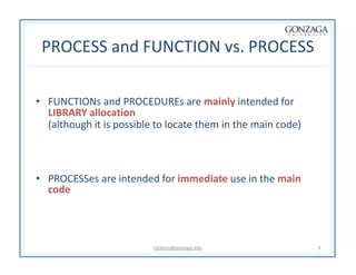 PROCESS and FUNCTION vs. PROCESS
talarico@gonzaga.edu 3
• FUNCTIONs and PROCEDUREs are mainly intended for
LIBRARY allocation
(although it is possible to locate them in the main code)
• PROCESSes are intended for immediate use in the main
code
 