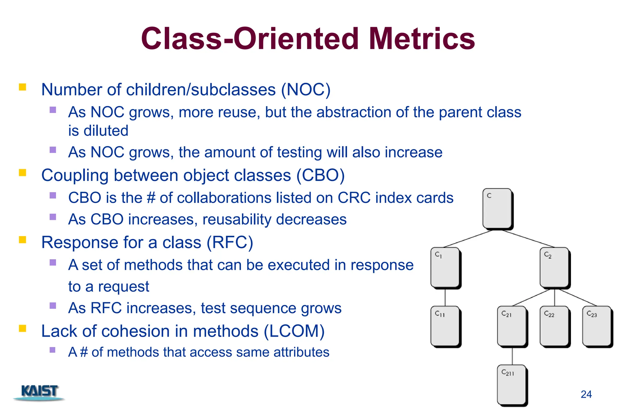 24
Class-Oriented Metrics
 Number of children/subclasses (NOC)
 As NOC grows, more reuse, but the abstraction of the parent class
is diluted
 As NOC grows, the amount of testing will also increase
 Coupling between object classes (CBO)
 CBO is the # of collaborations listed on CRC index cards
 As CBO increases, reusability decreases
 Response for a class (RFC)
 A set of methods that can be executed in response
to a request
 As RFC increases, test sequence grows
 Lack of cohesion in methods (LCOM)
 A # of methods that access same attributes
 
