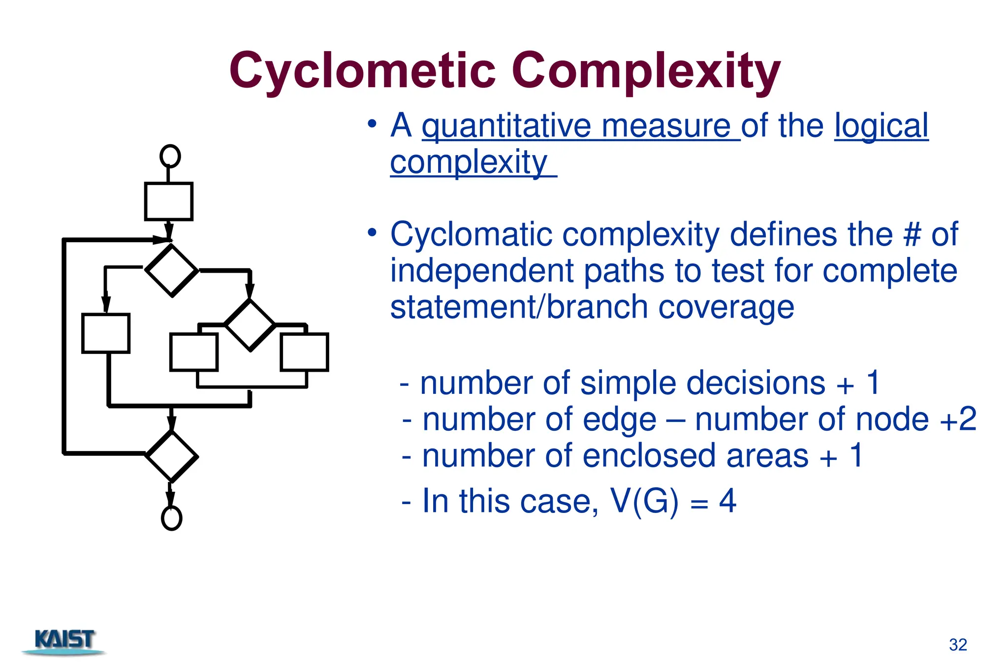 CS350 32
Cyclometic Complexity
• A quantitative measure of the logical
complexity
• Cyclomatic complexity defines the # of
independent paths to test for complete
statement/branch coverage
- number of simple decisions + 1
- number of enclosed areas + 1
- In this case, V(G) = 4
- number of edge – number of node +2
 