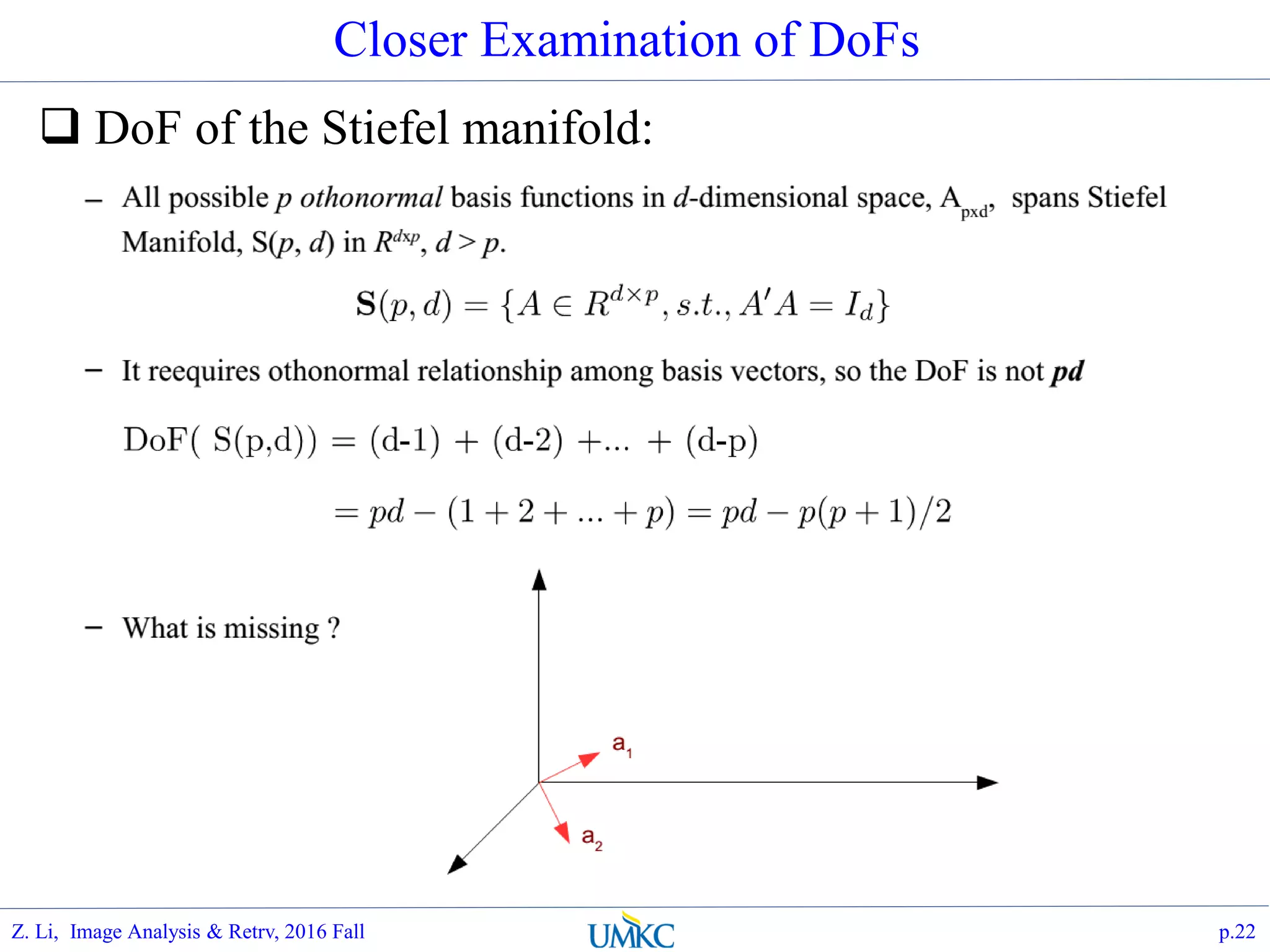 Closer Examination of DoFs
 DoF of the Stiefel manifold:
p.22Z. Li, Image Analysis & Retrv, 2016 Fall
 