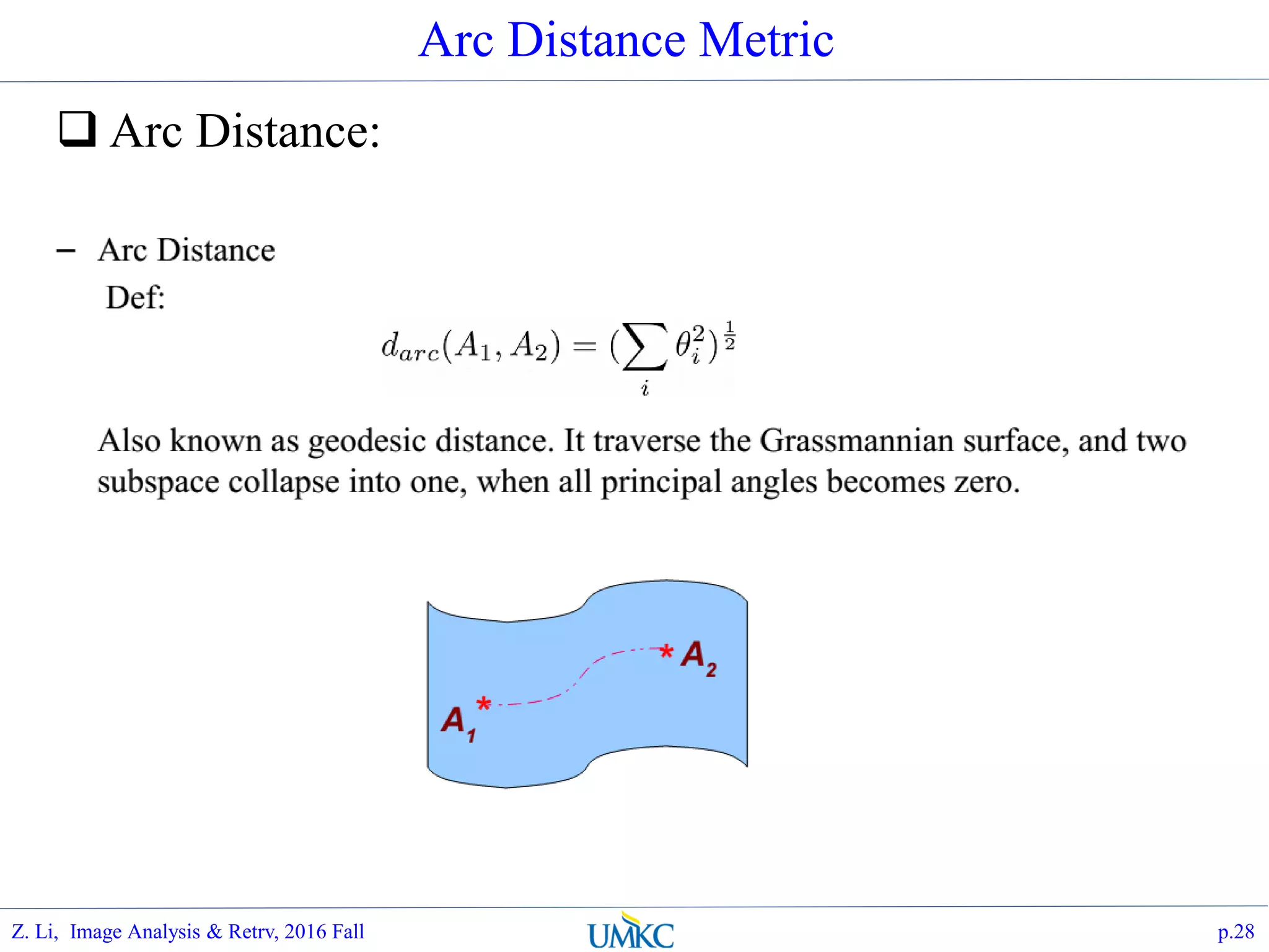 Arc Distance Metric
 Arc Distance:
p.28Z. Li, Image Analysis & Retrv, 2016 Fall
 