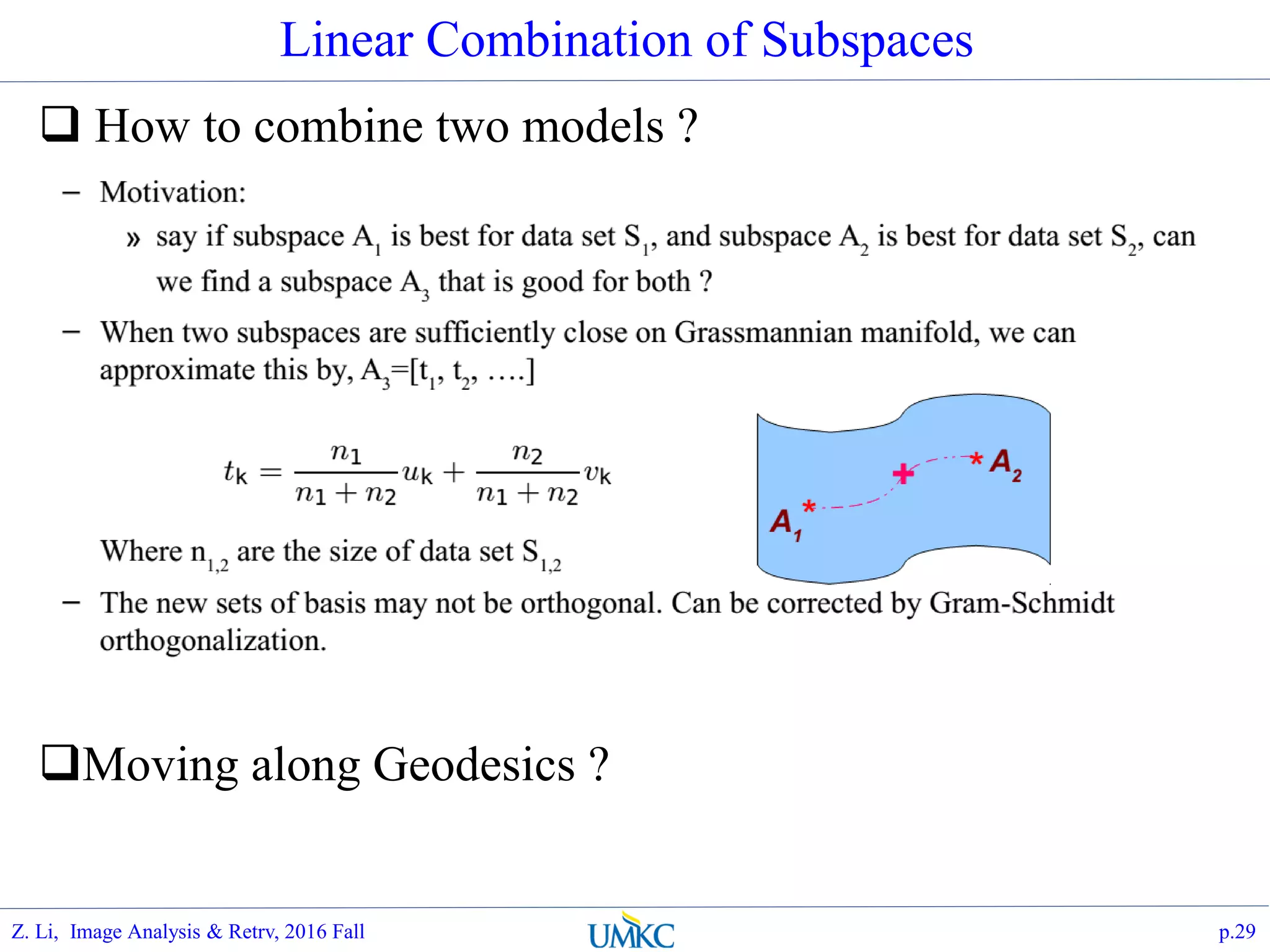 Linear Combination of Subspaces
 How to combine two models ?
Moving along Geodesics ?
p.29Z. Li, Image Analysis & Retrv, 2016 Fall
 