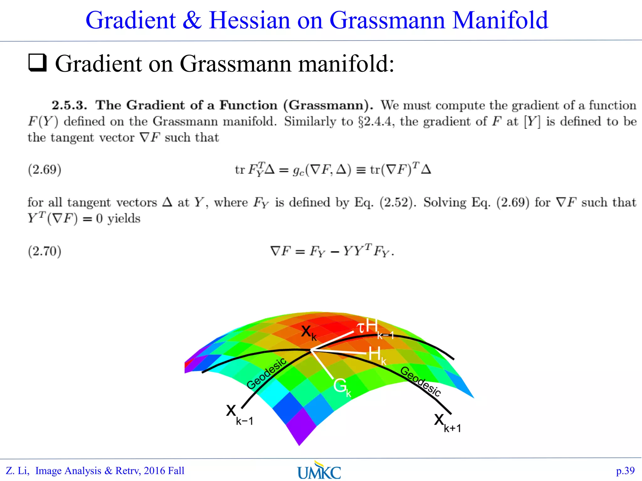 Gradient & Hessian on Grassmann Manifold
 Gradient on Grassmann manifold:
p.39Z. Li, Image Analysis & Retrv, 2016 Fall
 