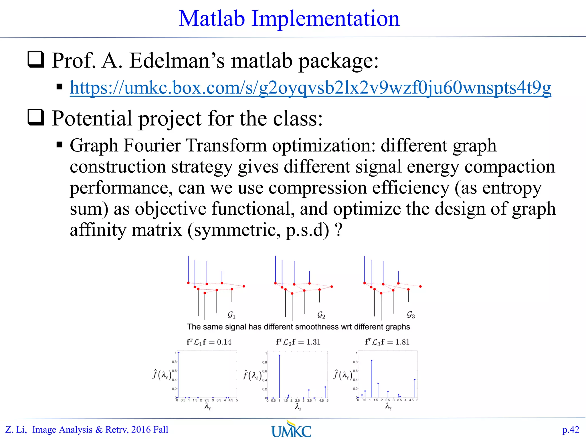 Matlab Implementation
 Prof. A. Edelman’s matlab package:
 https://umkc.box.com/s/g2oyqvsb2lx2v9wzf0ju60wnspts4t9g
 Potential project for the class:
 Graph Fourier Transform optimization: different graph
construction strategy gives different signal energy compaction
performance, can we use compression efficiency (as entropy
sum) as objective functional, and optimize the design of graph
affinity matrix (symmetric, p.s.d) ?
p.42Z. Li, Image Analysis & Retrv, 2016 Fall
 